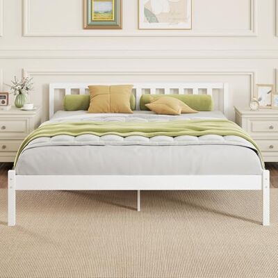 HOMCOM Cadre de lit en Bois Massif 160x200 cm Lit Simple avec tête de lit et Sommier à Lattes Solide pour Enfants Adultes Blanc HOMCOM Cadre de lit en Bois Massif 160x200 cm Lit Simple avec tête de lit et Sommier à Lattes Solide pour Enfants Adultes Blanc