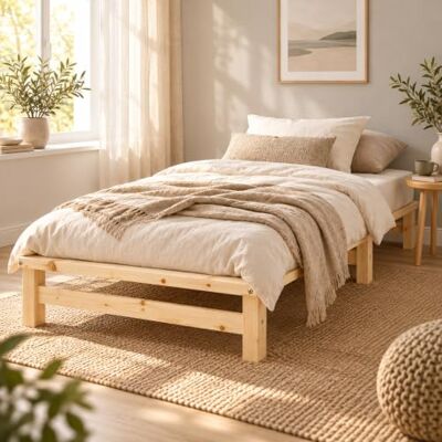 Homestyle4u Lit en palettes 90 x 200 cm, cadre de lit en bois de pin massif naturel avec sommier à lattes, Homestyle4u Lit en palettes 90 x 200 cm, cadre de lit en bois de pin massif naturel avec sommier à lattes,