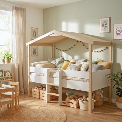 Weber Lit cabane mi-hauteur 90x190 sommier inclus Kayla Bois et Blanc Weber Lit cabane mi-hauteur 90x190 sommier inclus Kayla Bois et Blanc