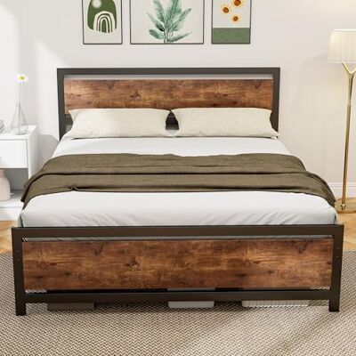 HOMCOM Cadre de lit double 200 x 160 cm en acier avec sommier et tête de lit compatible matelas aspect bois foncé HOMCOM Cadre de lit double 200 x 160 cm en acier avec sommier et tête de lit compatible matelas aspect bois foncé