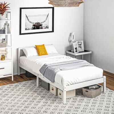 HOMCOM Cadre de Lit Bois Massif 90x190 cm Lit Simple Tête Intégrée Blanc Sommier à Lattes Solide, pour Enfants Adultes HOMCOM Cadre de Lit Bois Massif 90x190 cm Lit Simple Tête Intégrée Blanc Sommier à Lattes Solide, pour Enfants Adultes