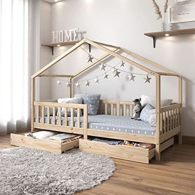IDIMEX Lit de maison Elea en pin massif, lit pour enfant avec protection anti-chute 90 x 200 cm, lit de jeu avec toit naturel IDIMEX Lit de maison Elea en pin massif, lit pour enfant avec protection anti-chute 90 x 200 cm, lit de jeu avec toit naturel