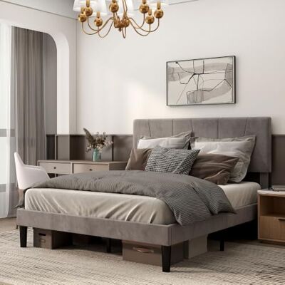 HOMCOM Cadre de Lit Double avec Sommier 140 x 190 cm Tête Réglable Gris Lit 2 Personnes, Cadre Métallique, Rangement, Montage Facile HOMCOM Cadre de Lit Double avec Sommier 140 x 190 cm Tête Réglable Gris Lit 2 Personnes, Cadre Métallique, Rangement, Montage Facile