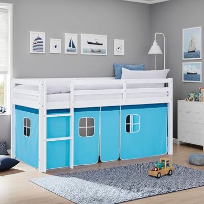 Homestyle4u Lit mezzanine, 90 x 200 cm, bleu clair, avec protection anti-chute, rideau en bois de pin massif, pour enfant Homestyle4u Lit mezzanine, 90 x 200 cm, bleu clair, avec protection anti-chute, rideau en bois de pin massif, pour enfant