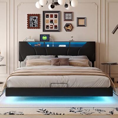 DAHUEN Lit Coffre 160x200 avec éclairage LED, Lit Double Rembourré avec Charge USB, Lits Flottant avec Hydraulique, Tête de Lits Réglable en Hauteur de Rangement, PU, Noir (Noir-A, 160 x 200 cm) DAHUEN Lit Coffre 160x200 avec éclairage LED, Lit Double Rembourré avec Charge USB, Lits Flottant avec Hydraulique, Tête de Lits Réglable en Hauteur de Rangement, PU, Noir (Noir-A, 160 x 200 cm)