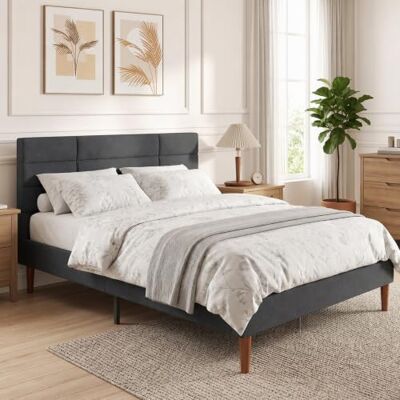 HOMCOM Cadre de Lit 140 x 200 cm avec Sommier Bois Lit Double 9 Pieds Gris Rembourré en Effet Lin, Supporte 500 KG, Tête Quadrillé, Rangement au-dessous, Sans Bruit, Montage Facile HOMCOM Cadre de Lit 140 x 200 cm avec Sommier Bois Lit Double 9 Pieds Gris Rembourré en Effet Lin, Supporte 500 KG, Tête Quadrillé, Rangement au-dessous, Sans Bruit, Montage Facile