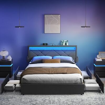 VASAGLE Cadre de lit double compatible avec matelas de 140 x 200 cm, LED, lit en métal, 4 tiroirs, station de charge, tête de lit rembourrée réglable, gris ardoise RMB827G02 VASAGLE Cadre de lit double compatible avec matelas de 140 x 200 cm, LED, lit en métal, 4 tiroirs, station de charge, tête de lit rembourrée réglable, gris ardoise RMB827G02