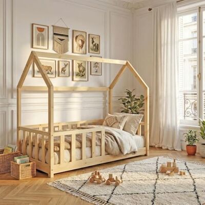 Weber Lit cabane Kiwi 70x140 + 1 sommier + barrière/naturel Weber Lit cabane Kiwi 70x140 + 1 sommier + barrière/naturel