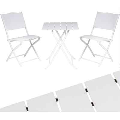 BAKAJI Table pliante avec 2 chaises avec revêtement en textilène, mobilier de jardin pliable avec structure en acier et table basse PE effet bois, extérieur, patio, balcon, résistant aux UV (blanc) BAKAJI Table pliante avec 2 chaises avec revêtement en textilène, mobilier de jardin pliable avec structure en acier et table basse PE effet bois, extérieur, patio, balcon, résistant aux UV (blanc)