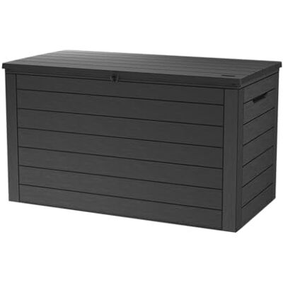 Keter Ontario Boîte de rangement 570 l graphite – Coffre de jardin résistant aux intempéries aspect bois avec vérins à gaz – Coffre à coussins verrouillable résistant aux UV pour l'intérieur et Keter Ontario Boîte de rangement 570 l graphite – Coffre de jardin résistant aux intempéries aspect bois avec vérins à gaz – Coffre à coussins verrouillable résistant aux UV pour l'intérieur et