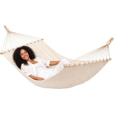AMANKA XXL Hamac à Barre d'Écartement 200x120 cm Beige Double Détente 2 Personnes 150kg Coton Robuste Extérieur & Intérieur Balcon Jardin Terrasse Camping 100% Respirant Tissu Souple Agréable AMANKA XXL Hamac à Barre d'Écartement 200x120 cm Beige Double Détente 2 Personnes 150kg Coton Robuste Extérieur & Intérieur Balcon Jardin Terrasse Camping 100% Respirant Tissu Souple Agréable