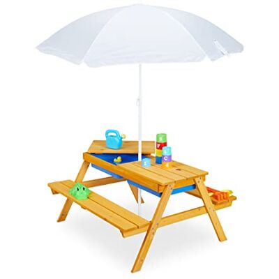 Relaxdays Table de jardin pour enfants, en bois, bacs pour jouer avec l eau et le sable, parasol inclus, orange Relaxdays Table de jardin pour enfants, en bois, bacs pour jouer avec l eau et le sable, parasol inclus, orange