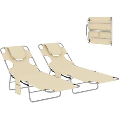 Outsunny Foldable Sun Loungers Set of 2, Beach Chaise Lounge with Reading Hole, Arm Slots, 5-Position Adjustable Backrest, Side Pocket, Pillow for Garden, Beach, Camping, Beige Outsunny Foldable Sun Loungers Set of 2, Beach Chaise Lounge with Reading Hole, Arm Slots, 5-Position Adjustable Backrest, Side Pocket, Pillow for Garden, Beach, Camping, Beige