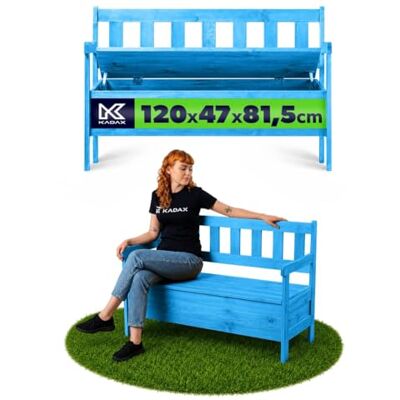 KADAX Banc de jardin, 120 x 47 x 81,5 cm, en panneau de fibres de bois, avec espace de rangement et dossier, résistant aux intempéries, pour jardin, balcon, 120 cm, bleu KADAX Banc de jardin, 120 x 47 x 81,5 cm, en panneau de fibres de bois, avec espace de rangement et dossier, résistant aux intempéries, pour jardin, balcon, 120 cm, bleu