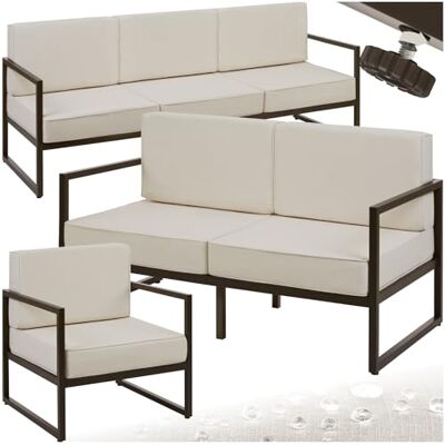 tectake Ensemble de meubles de jardin au design minimaliste avec 2 canapés et 1 chaise de jardin, coussins épais, cadres en acier robuste et housses hydrofuges, ensemble de meubles d'extérieur pour tectake Ensemble de meubles de jardin au design minimaliste avec 2 canapés et 1 chaise de jardin, coussins épais, cadres en acier robuste et housses hydrofuges, ensemble de meubles d'extérieur pour