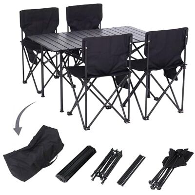 Mendler Ensemble de camping HWC-Q39 Table et 4 chaises pliantes Chaise de pêche pliable Tissu métallique Noir Mendler Ensemble de camping HWC-Q39 Table et 4 chaises pliantes Chaise de pêche pliable Tissu métallique Noir