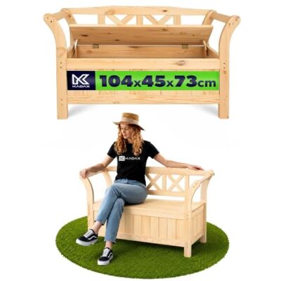 KADAX Banc de jardin 119 x 45 x 73 cm en panneau de fibres de bois avec espace de rangement et dossier, banc en bois pour jardin, balcon (naturel) KADAX Banc de jardin 119 x 45 x 73 cm en panneau de fibres de bois avec espace de rangement et dossier, banc en bois pour jardin, balcon (naturel)