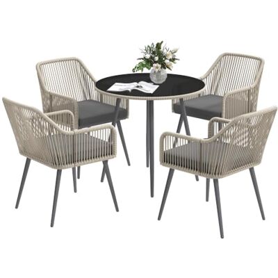 Outsunny Salon de Jardin extérieur en résine tressée 4 Places, Table et chaises de Jardin extérieur avec Coussins et Table Ronde en Verre, pour terrasse, Patio, Balcon, Marron Outsunny Salon de Jardin extérieur en résine tressée 4 Places, Table et chaises de Jardin extérieur avec Coussins et Table Ronde en Verre, pour terrasse, Patio, Balcon, Marron