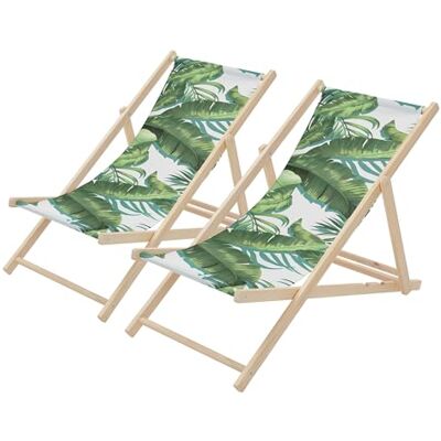 ECD Germany Lot de 2 Chaises Longues Pliantes en Bois Chiliennes, Motif Tropical, Vert-Blanc, Dossier Réglable, 3 Positions de Couchage, jusqu'à 120 kg, Bain de Soleil en Tissu, Plage ou Jardin ECD Germany Lot de 2 Chaises Longues Pliantes en Bois Chiliennes, Motif Tropical, Vert-Blanc, Dossier Réglable, 3 Positions de Couchage, jusqu'à 120 kg, Bain de Soleil en Tissu, Plage ou Jardin