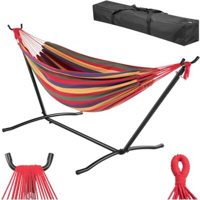 BAKAJI Hamac de jardin brésilien avec support en acier avec sac de transport, peu encombrant, cadre confortable, multicolore et structure résistante, capacité de charge 200 kg, idéal pour l'extérieur BAKAJI Hamac de jardin brésilien avec support en acier avec sac de transport, peu encombrant, cadre confortable, multicolore et structure résistante, capacité de charge 200 kg, idéal pour l'extérieur
