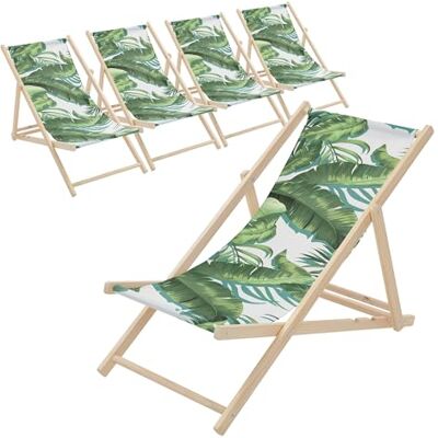 ECD Germany Lot de 5 Chaises Longues Pliantes en Bois Chiliennes, Motif Tropical, Vert-Blanc, Dossier Réglable, 3 Positions de Couchage, jusqu'à 120 kg, Bain de Soleil en Tissu, Plage ou Jardin ECD Germany Lot de 5 Chaises Longues Pliantes en Bois Chiliennes, Motif Tropical, Vert-Blanc, Dossier Réglable, 3 Positions de Couchage, jusqu'à 120 kg, Bain de Soleil en Tissu, Plage ou Jardin