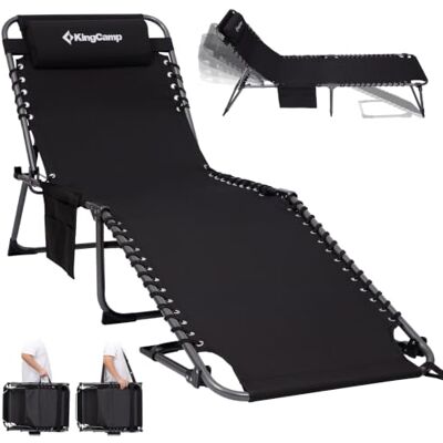 KingCamp Bain de Soleil avec Dossier Réglable 5 Positions, Charge Max 180 kg, Chaise Longue Pliable Portable avec Appui-tête Poches Latérales, Lit Transat de Camping Pliant pour Plage Jardin, Noir KingCamp Bain de Soleil avec Dossier Réglable 5 Positions, Charge Max 180 kg, Chaise Longue Pliable Portable avec Appui-tête Poches Latérales, Lit Transat de Camping Pliant pour Plage Jardin, Noir