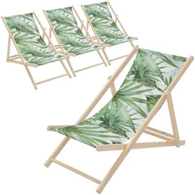 ECD Germany Lot de 4 Chaises Longues Pliantes en Bois Chiliennes, Motif Palmier, Vert-Blanc, Dossier Réglable, 3 Positions de Couchage, jusqu'à 120 kg, Bain de Soleil en Tissu, Plage ou Jardin ECD Germany Lot de 4 Chaises Longues Pliantes en Bois Chiliennes, Motif Palmier, Vert-Blanc, Dossier Réglable, 3 Positions de Couchage, jusqu'à 120 kg, Bain de Soleil en Tissu, Plage ou Jardin