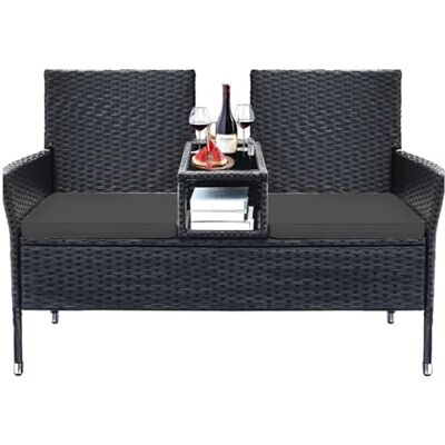SONGMICS salon de jardin, meuble de balcon en polyrotin PE, banc assorti, avec table, canapé, mobilier de terrasse extérieur avec coussins, pour terrasse, balcon, noir-gris foncé GGF022B01 SONGMICS salon de jardin, meuble de balcon en polyrotin PE, banc assorti, avec table, canapé, mobilier de terrasse extérieur avec coussins, pour terrasse, balcon, noir-gris foncé GGF022B01
