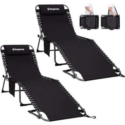 KingCamp Lot de 2 Bain de Soleil avec Dossier Réglable 5 Positions, Charge Max 180 kg, Chaise Longue Pliable Portable avec Appui-tête Poches Latérales, Lit Transat de Camping pour Jardin, Noir Chaise longue pliable de jardin, 180 kg, appui-tête et poche KingCamp Lot de 2 Bain de Soleil avec Dossier Réglable 5 Positions, Charge Max 180 kg, Chaise Longue Pliable Portable avec Appui-tête Poches Latérales, Lit Transat de Camping pour Jardin, Noir Chaise longue pliable de jardin, 180 kg, appui-tête et poche