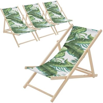 ECD Germany Lot de 4 Chaises Longues Pliantes en Bois Chiliennes, Motif Tropical, Vert-Blanc, Dossier Réglable, 3 Positions de Couchage, jusqu'à 120 kg, Bain de Soleil en Tissu, Plage ou Jardin ECD Germany Lot de 4 Chaises Longues Pliantes en Bois Chiliennes, Motif Tropical, Vert-Blanc, Dossier Réglable, 3 Positions de Couchage, jusqu'à 120 kg, Bain de Soleil en Tissu, Plage ou Jardin