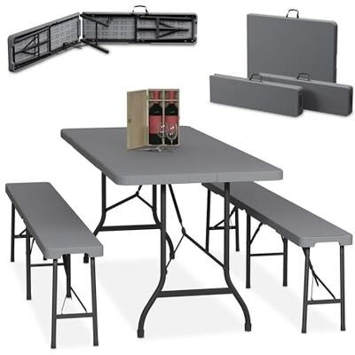 Relaxdays Lot de 3 tables à bière, pliables, avec grande table pliante, en plastique, acier, 180 cm, camping, gris Relaxdays Lot de 3 tables à bière, pliables, avec grande table pliante, en plastique, acier, 180 cm, camping, gris