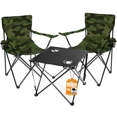 BigDean Lot de 2 chaises de camping pliables avec table de camping, camouflage, noir BigDean Lot de 2 chaises de camping pliables avec table de camping, camouflage, noir