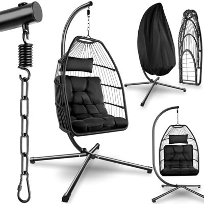 tectake ® Fauteuil Oeuf Suspendu Chaise hamac Balancoire Cocooning Confortable Pliable Résistant, Fauteuil Relax avec Structure en Acier & Coussin Épais Noir tectake ® Fauteuil Oeuf Suspendu Chaise hamac Balancoire Cocooning Confortable Pliable Résistant, Fauteuil Relax avec Structure en Acier & Coussin Épais Noir