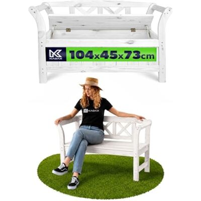 KADAX Banc de jardin 119 x 45 x 73 cm en panneau de fibres de bois avec compartiment de rangement et dossier, banc en bois pour jardin, balcon (blanc) KADAX Banc de jardin 119 x 45 x 73 cm en panneau de fibres de bois avec compartiment de rangement et dossier, banc en bois pour jardin, balcon (blanc)