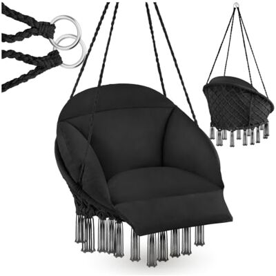 tectake ® Panier suspendu de style bohème Ø 80 cm, coussins épais de 10 à 12 cm, fauteuil à bascule avec pompons robustes et 2 anneaux de fixation, pour intérieur et extérieur, capacité de charge : 160 tectake ® Panier suspendu de style bohème Ø 80 cm, coussins épais de 10 à 12 cm, fauteuil à bascule avec pompons robustes et 2 anneaux de fixation, pour intérieur et extérieur, capacité de charge : 160