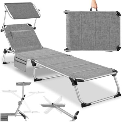 tectake ® Chaise longue Lorella, pliable, avec toit, dossier flexible, grande capacité de charge, résistant aux intempéries, facile à transporter, pour le jardin et la plage, gris clair tectake ® Chaise longue Lorella, pliable, avec toit, dossier flexible, grande capacité de charge, résistant aux intempéries, facile à transporter, pour le jardin et la plage, gris clair