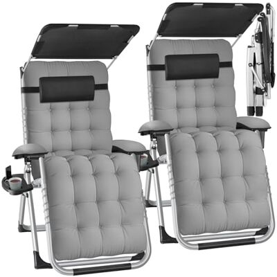 tectake ® Lot de 2 chaises longues pliables, chaise longue de jardin avec toit solaire, fauteuil d'extérieur pour balcon ou jardin, chaise longue avec coussin extra épais, charge maximale de 200 kg tectake ® Lot de 2 chaises longues pliables, chaise longue de jardin avec toit solaire, fauteuil d'extérieur pour balcon ou jardin, chaise longue avec coussin extra épais, charge maximale de 200 kg