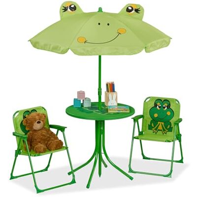 Relaxdays Salon de camping pour enfant, motif grenouille, siège enfant avec parasol, chaises pliantes et table, jardin, vert Relaxdays Salon de camping pour enfant, motif grenouille, siège enfant avec parasol, chaises pliantes et table, jardin, vert