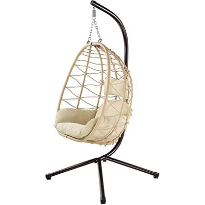 BAKAJI Fauteuil suspendu de jardin, chaise balançoire hamac d'extérieur structure en métal nid en rotin et corde + coussin rembourré et appuie-tête design moderne 198 x 110 x 95 cm (Beige) BAKAJI Fauteuil suspendu de jardin, chaise balançoire hamac d'extérieur structure en métal nid en rotin et corde + coussin rembourré et appuie-tête design moderne 198 x 110 x 95 cm (Beige)