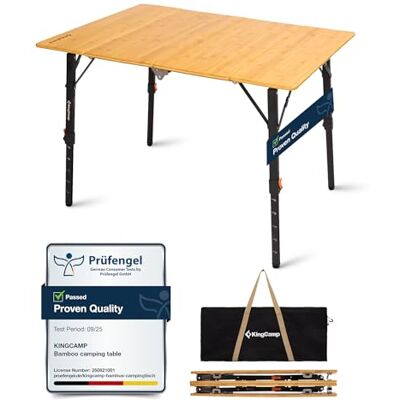KingCamp Table de camping en bambou 100 x 70 cm Hauteur réglable : 42 à 70 cm Pour 2 à 6 personnes 4 plis Table de camping pliable Charge maximale : 80 kg KingCamp Table de camping en bambou 100 x 70 cm Hauteur réglable : 42 à 70 cm Pour 2 à 6 personnes 4 plis Table de camping pliable Charge maximale : 80 kg