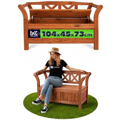 KADAX Banc de jardin, 119 x 43 x 75 cm, en panneau de fibres de bois, avec espace de rangement et dossier, résistant aux intempéries, pour jardin, balcon, 119 cm, chêne doré KADAX Banc de jardin, 119 x 43 x 75 cm, en panneau de fibres de bois, avec espace de rangement et dossier, résistant aux intempéries, pour jardin, balcon, 119 cm, chêne doré