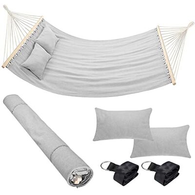 BAKAJI Hamac de jardin double 2 places 232 x 148 cm barres transversales en bois, revêtement en poly coton avec 2 coussins et sangles design moderne pour jardin, terrasse, camping (gris clair) BAKAJI Hamac de jardin double 2 places 232 x 148 cm barres transversales en bois, revêtement en poly coton avec 2 coussins et sangles design moderne pour jardin, terrasse, camping (gris clair)