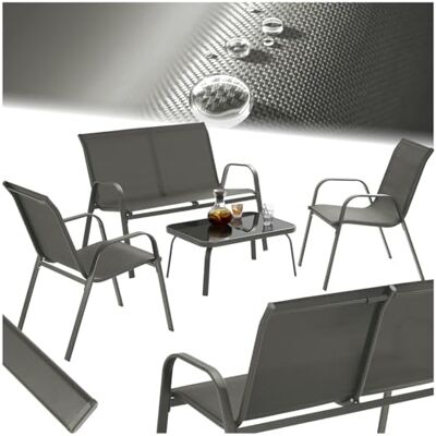 tectake ® Ensemble de jardin Pour 4 personnes Canapé, 2 chaises et table basse Tissu textilène respirant et hydrofuge Ensemble de balcon, salon de jardin Anthracite tectake ® Ensemble de jardin Pour 4 personnes Canapé, 2 chaises et table basse Tissu textilène respirant et hydrofuge Ensemble de balcon, salon de jardin Anthracite
