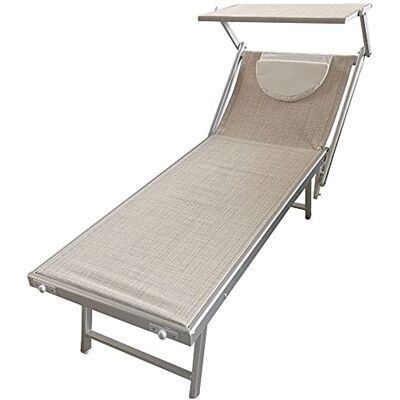 BAKAJI Lit de plage pliable avec toit pare-soleil et coussin d'appuie-tête chaise longue pour piscine professionnelle en aluminium et textilène, 189 x 61 x 38 cm (beige chiné) BAKAJI Lit de plage pliable avec toit pare-soleil et coussin d'appuie-tête chaise longue pour piscine professionnelle en aluminium et textilène, 189 x 61 x 38 cm (beige chiné)