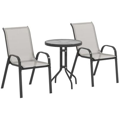 Outsunny 3 Pièces Salon de Jardin Extérieur Fauteuils Empilables Gris Clair 2 Fauteuils, Table Basse, Dessus en Verre Trempé, Tissu Textilène, 2 Personnes, Balcon, Patio, Terrasse Outsunny 3 Pièces Salon de Jardin Extérieur Fauteuils Empilables Gris Clair 2 Fauteuils, Table Basse, Dessus en Verre Trempé, Tissu Textilène, 2 Personnes, Balcon, Patio, Terrasse
