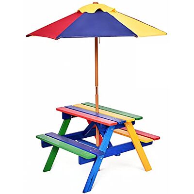 GIANTEX Ensemble de meubles de jardin pour enfants avec parasol, ensemble de meubles pour enfants avec 1 table et 2 bancs, ensemble de pique-nique coloré GIANTEX Ensemble de meubles de jardin pour enfants avec parasol, ensemble de meubles pour enfants avec 1 table et 2 bancs, ensemble de pique-nique coloré