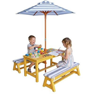 Relaxdays Salon de jardin pour enfants avec parasol et coussin En bois Naturel Relaxdays Salon de jardin pour enfants avec parasol et coussin En bois Naturel