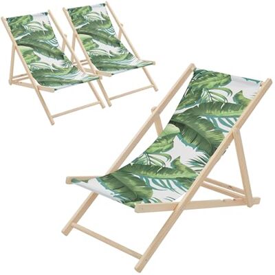 ECD Germany Lot de 3 Chaises Longues Pliantes en Bois Chiliennes, Motif Tropical, Vert-Blanc, Dossier Réglable, 3 Positions de Couchage, jusqu'à 120 kg, Bain de Soleil en Tissu, Plage ou Jardin ECD Germany Lot de 3 Chaises Longues Pliantes en Bois Chiliennes, Motif Tropical, Vert-Blanc, Dossier Réglable, 3 Positions de Couchage, jusqu'à 120 kg, Bain de Soleil en Tissu, Plage ou Jardin