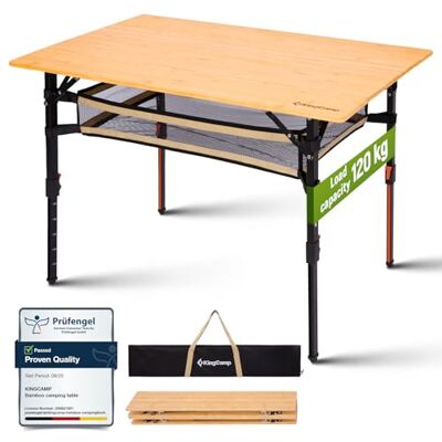 KingCamp Table de camping pliable en bambou naturel, hauteur réglable (42-70 cm), charge maximale 120 kg – Table pliante robuste pour camping, jardin et pique-nique KingCamp Table de camping pliable en bambou naturel, hauteur réglable (42-70 cm), charge maximale 120 kg – Table pliante robuste pour camping, jardin et pique-nique