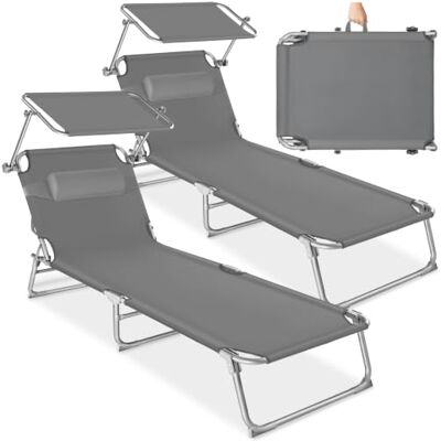 tectake ® Bain de soleil avec parasol réglable Lot de 2 Dossier 4 positions avec oreiller Chaise de plage idéale pour jardin, piscine, camping Transport facile Gris tectake ® Bain de soleil avec parasol réglable Lot de 2 Dossier 4 positions avec oreiller Chaise de plage idéale pour jardin, piscine, camping Transport facile Gris